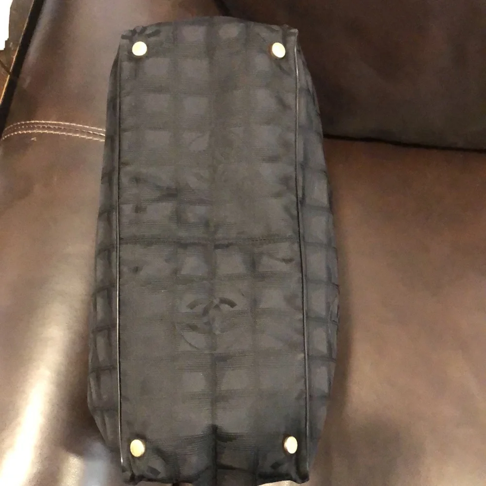CHANEL Black Leather and Black Canvas Traveline Shoulder Bag AUTHENTIC